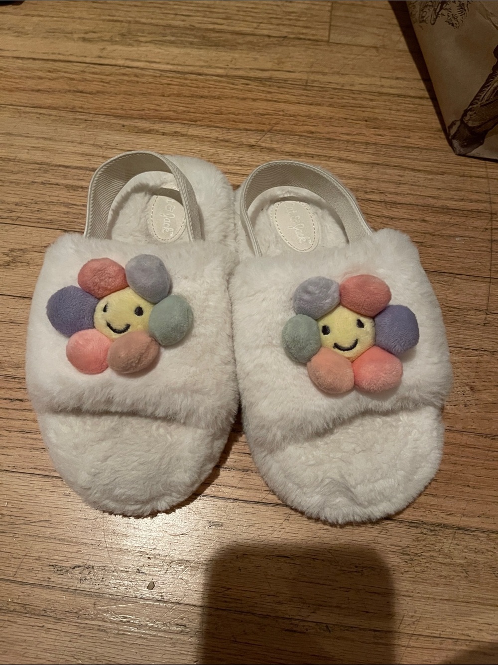 White Kids Plush Slippers with Colorful Flower Accent size 11/12
